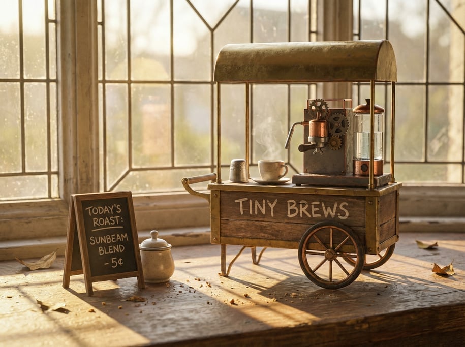 Macro ground-level 3D render of a miniature coffee cart perched on a sunny windowsill — camera at si