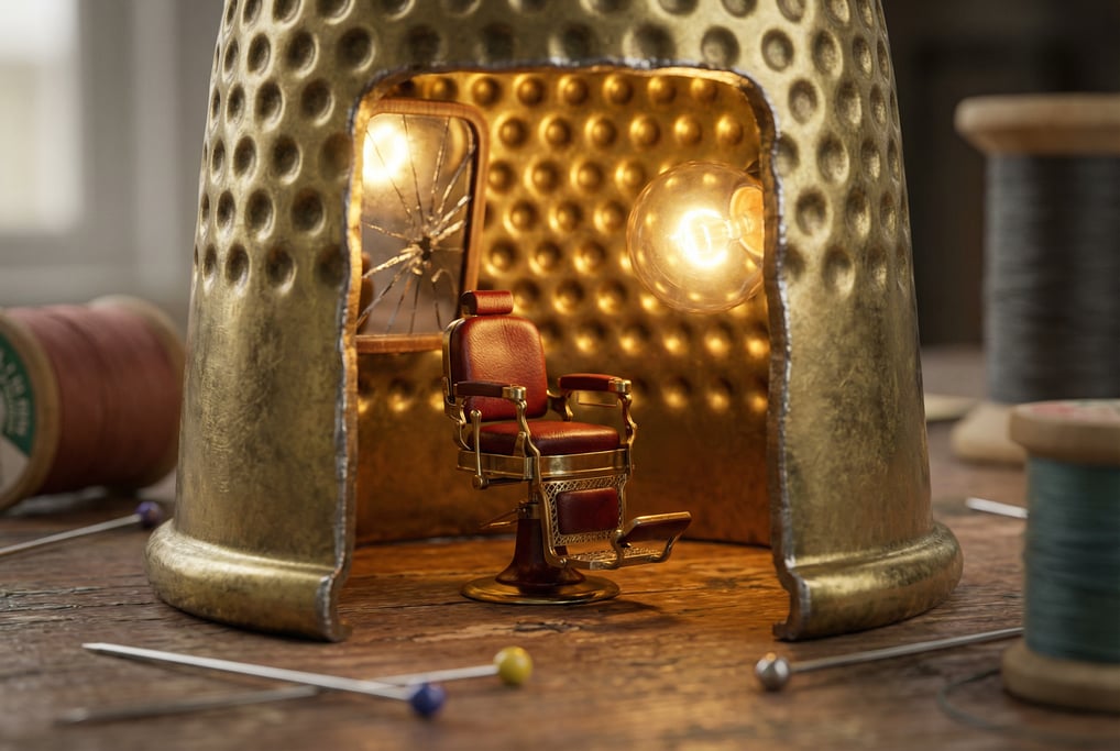 Ground-level 3D render of a tiny barbershop built inside a brass thimble — camera at sewing-table he