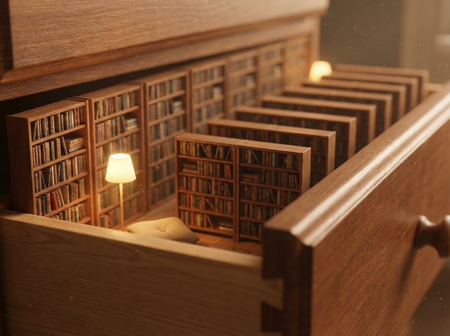 Ground-level 3D render of a tiny library built inside a half-open dresser drawer — camera at drawer-