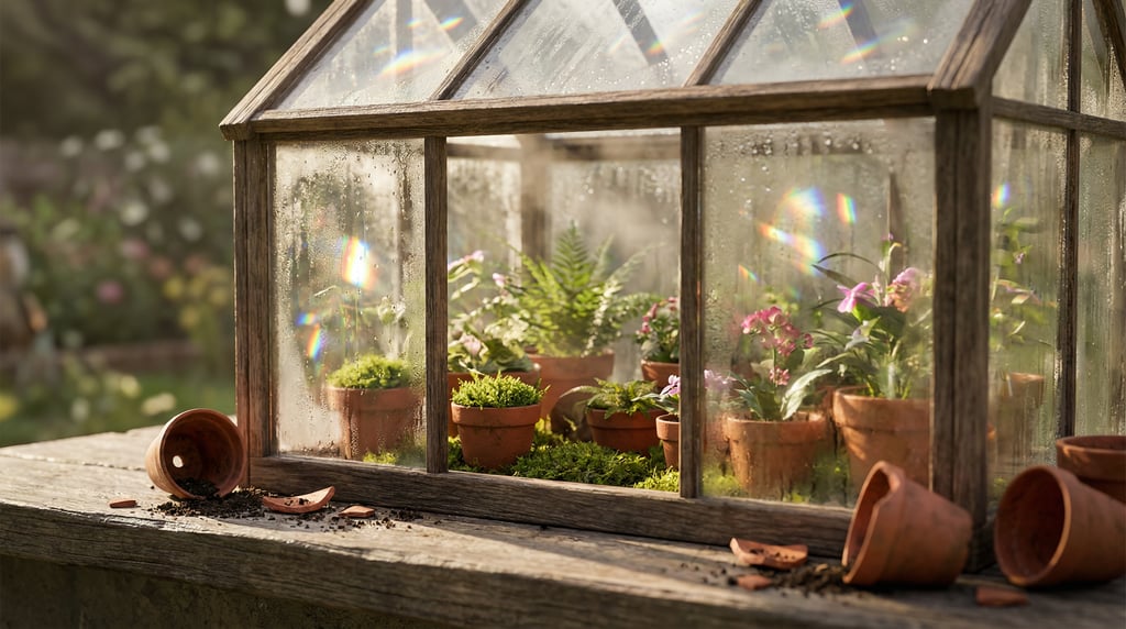 Ground-level 3D render of a tiny greenhouse perched on a windowsill ledge — camera at sill height lo