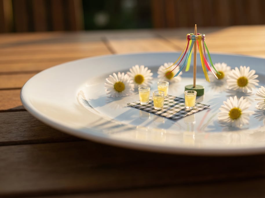Ground-level 3D render of a tiny garden party scene arranged on a white dinner plate — camera at tab