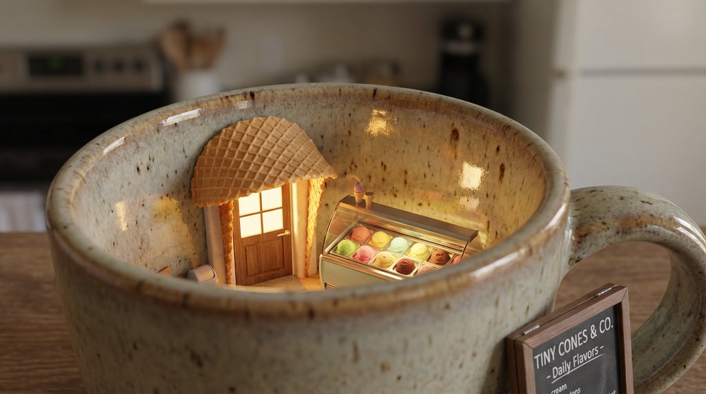 Ground-level 3D render of a tiny ice cream shop nestled inside a ceramic coffee mug — camera at coun