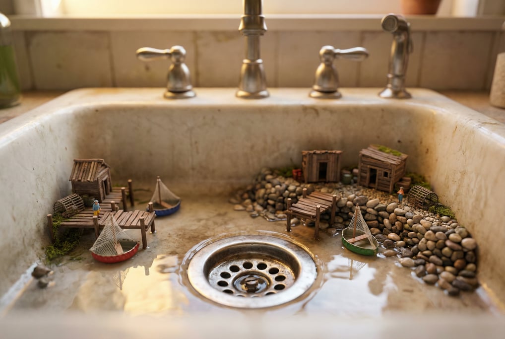 Ground-level 3D render of a tiny fishing village constructed inside a kitchen sink — camera at count