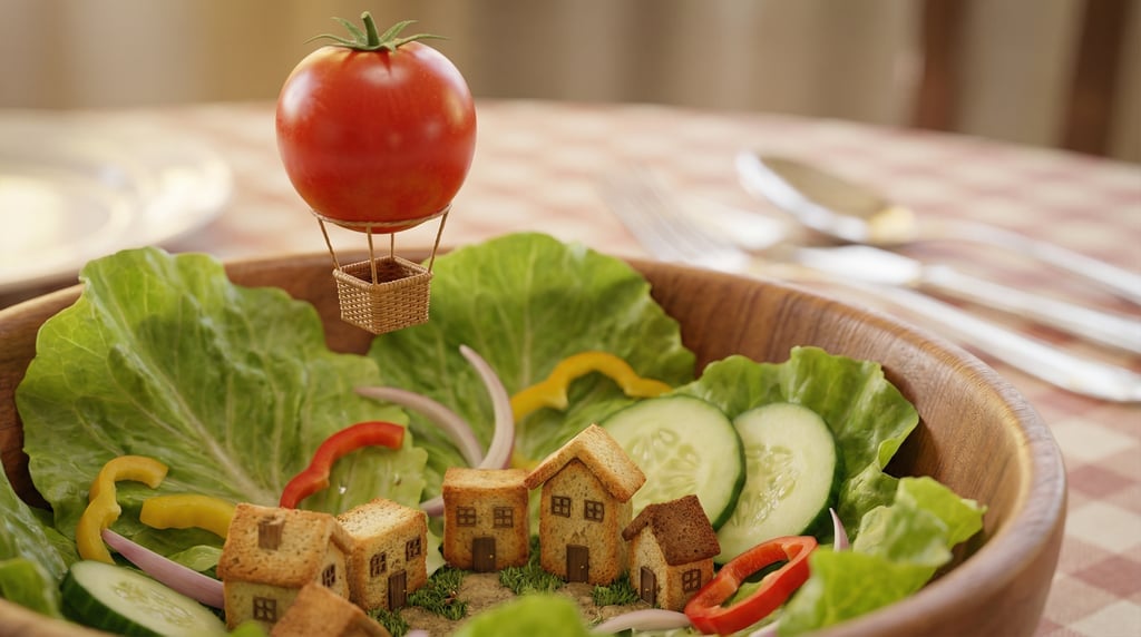 Macro ground-level 3D render of a mini hot air balloon hovering over a salad bowl landscape — camera