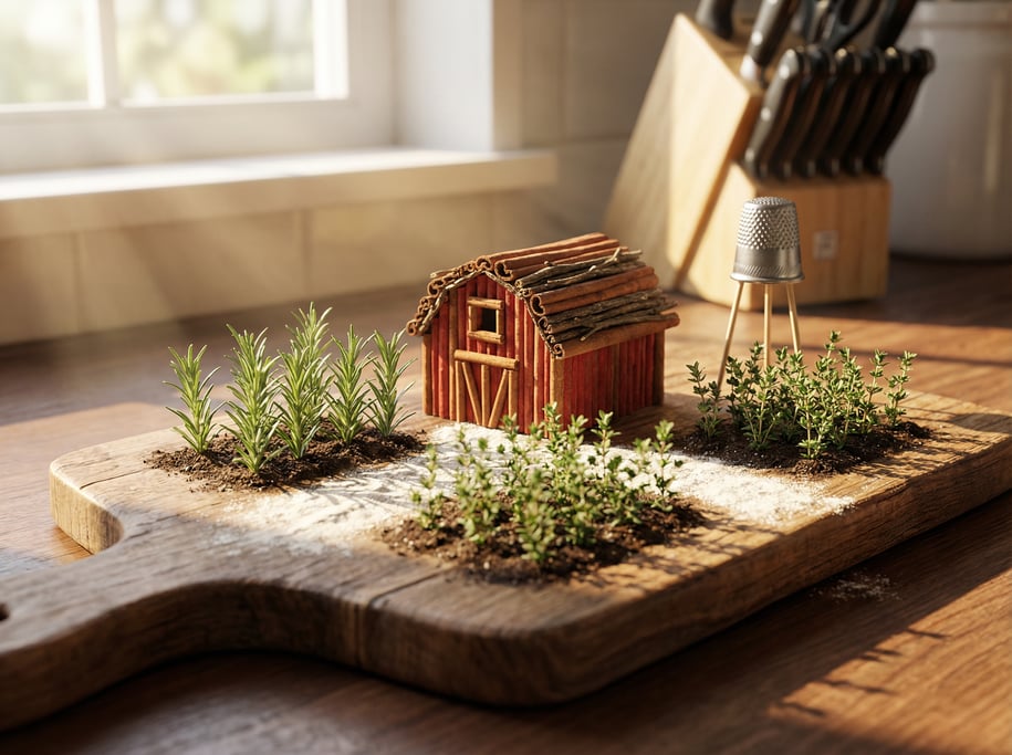 Ground-level 3D render of a tiny farm arranged on a wooden cutting board — camera at counter-surface