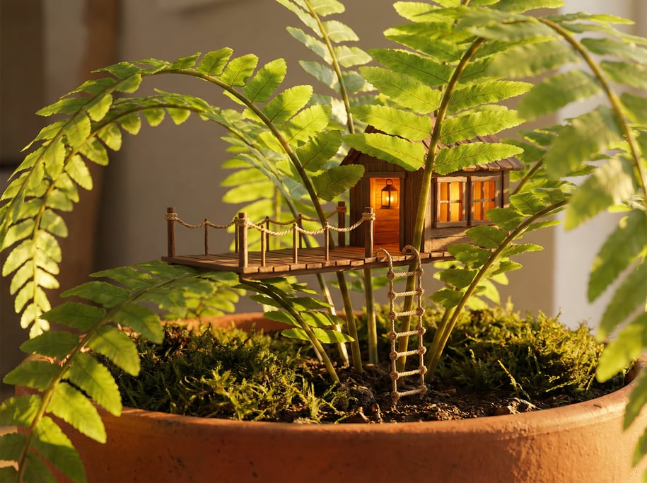 Macro ground-level 3D render of a miniature treehouse built among the fronds of a potted fern — came