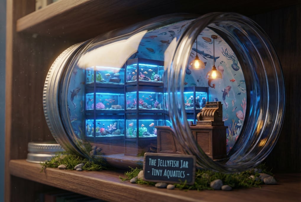 Ground-level 3D render of a tiny aquarium shop built inside an upturned mason jar — camera at shelf