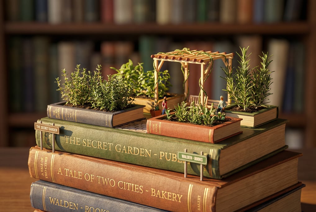 Macro ground-level 3D render of a miniature rooftop garden arranged on a stack of hardcover books —