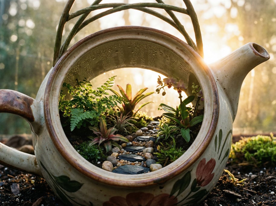 Macro ground-level 3D render of a mini botanical garden built inside a ceramic teapot — camera at ta