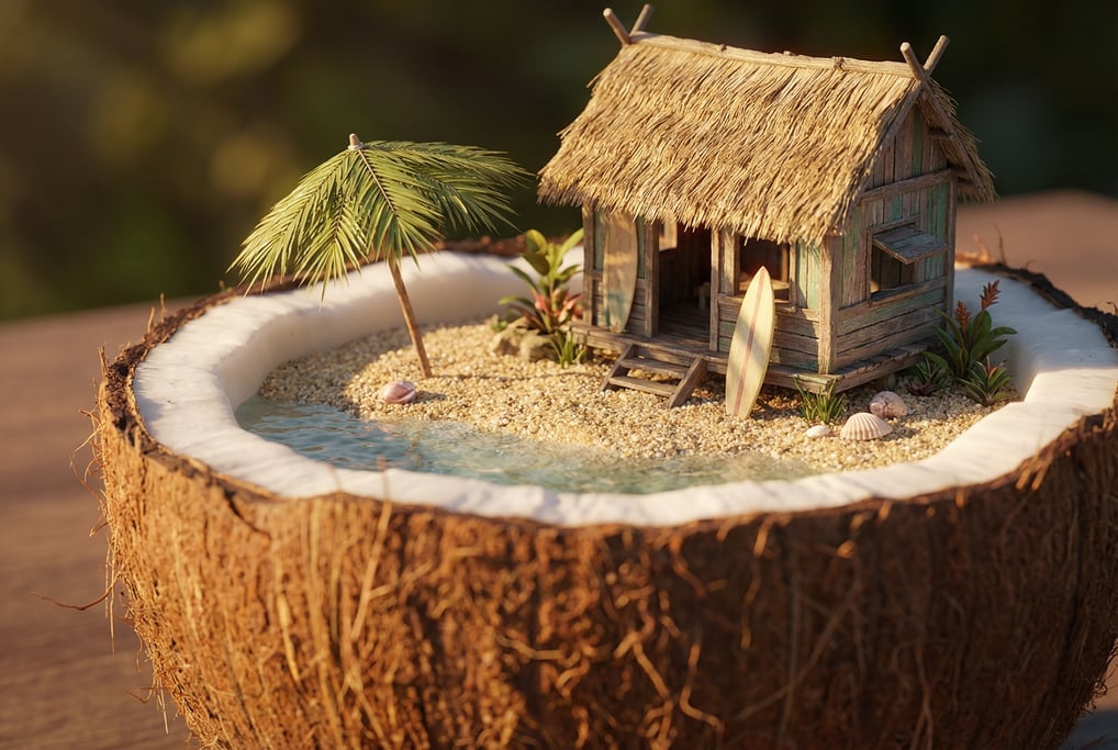 Ground-level 3D render of a tiny surf shack built on a halved coconut shell — camera at table-surfac