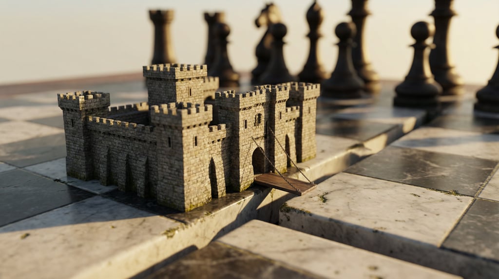 Macro ground-level 3D render of a miniature castle constructed on a marble chess board — camera at b