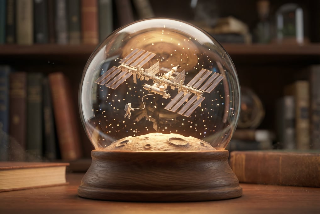 Macro ground-level 3D render of a mini space station floating inside a snow globe — camera at shelf