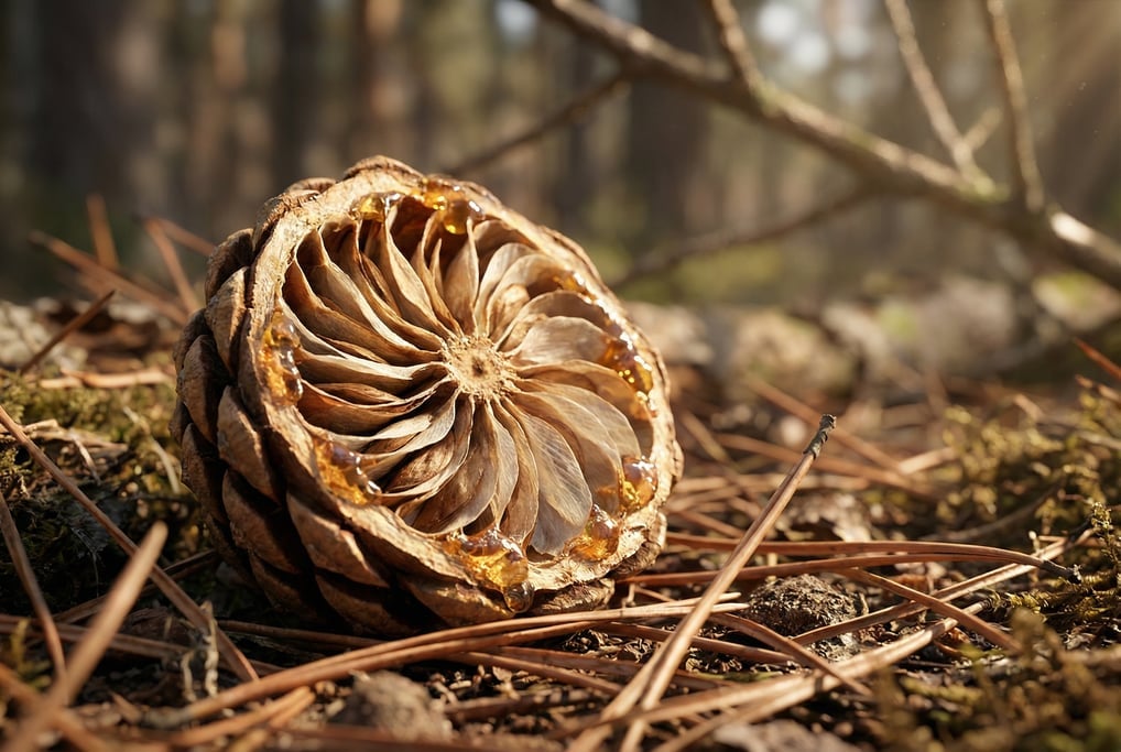 Macro ground-level 3D render of a pine cone cross-section lying on forest floor — camera at needle-b
