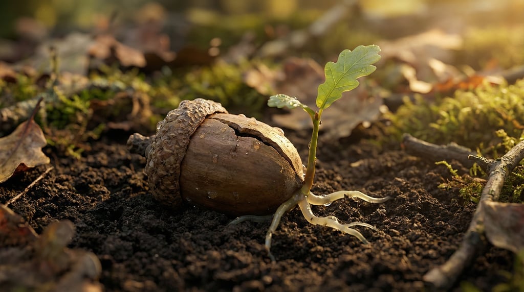 Ground-level 3D render of a sprouting acorn with a tiny oak shoot emerging — camera at soil level lo