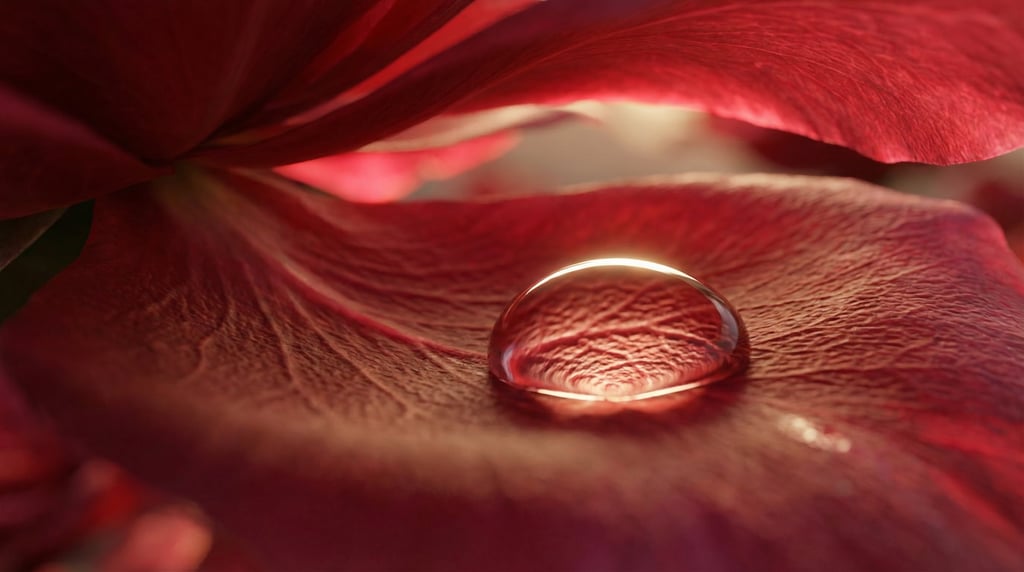 Ground-level 3D render of a single raindrop sliding down a deep red rose petal — camera positioned o