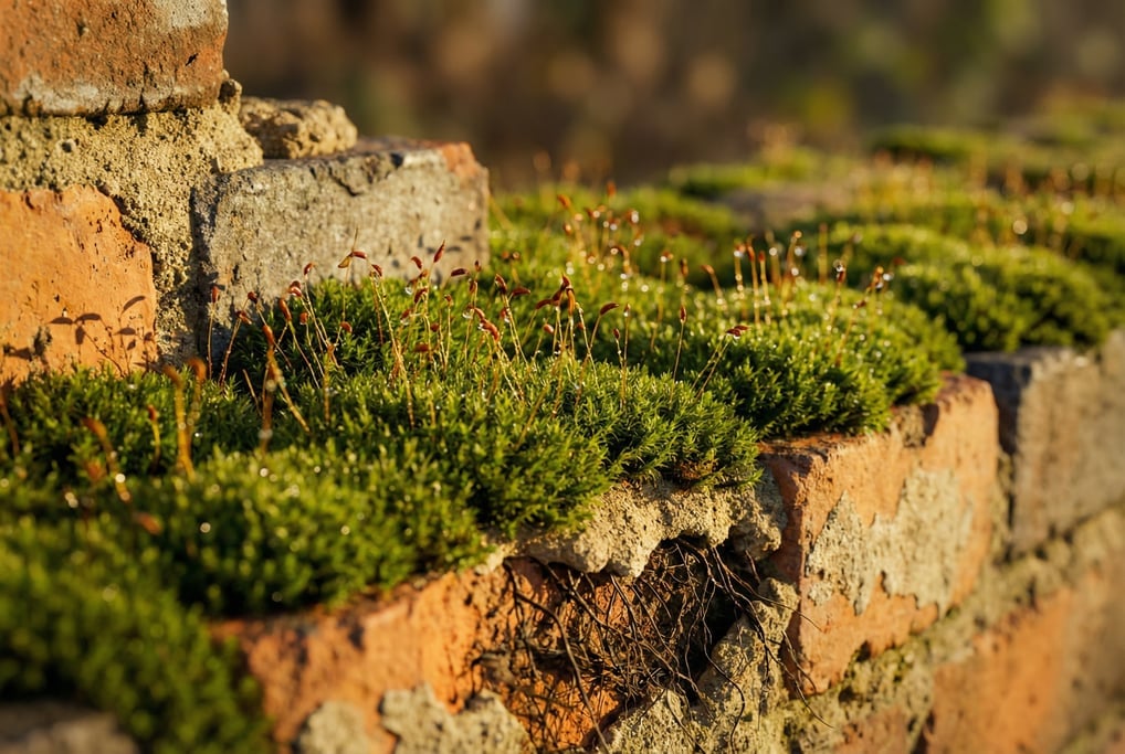 Ground-level 3D render of thick emerald moss growing on a crumbling old brick wall — camera at wall-