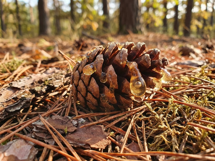 Ground-level 3D render of a pine cone with amber resin drops oozing from between the scales — camera