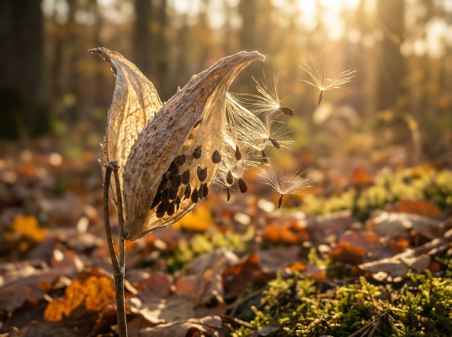 Macro ground-level 3D render of a dried seed pod splitting open to release its seeds — camera at gro