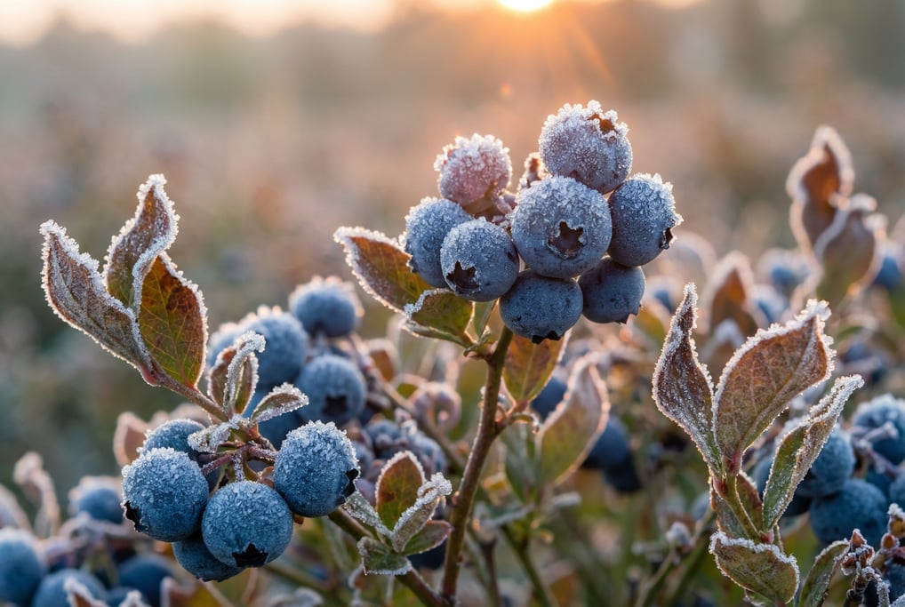 Ground-level 3D render of frost forming on a blueberry bush branch — camera at branch height looking