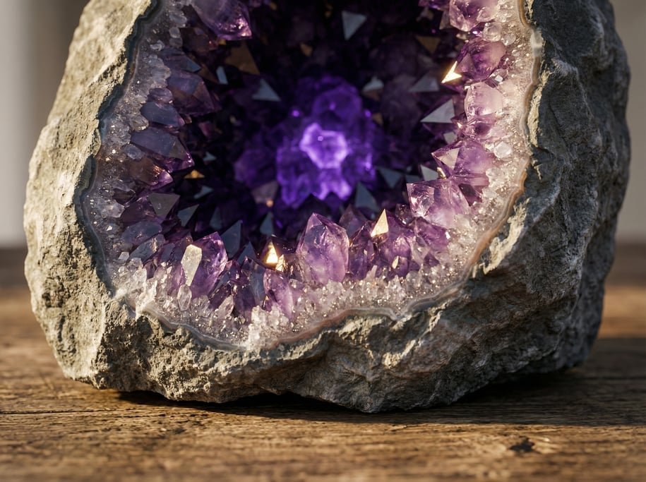 Ground-level 3D render of amethyst crystal formations growing inside a split geode — camera at table