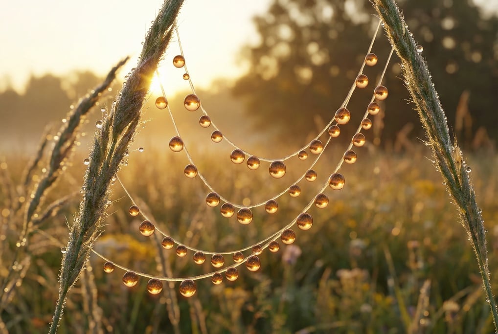Ground-level 3D render of spider silk threads strung with morning dew between two grass stems — came