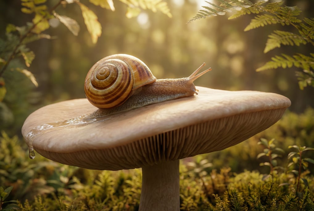 Macro ground-level 3D render of a garden snail resting on a mushroom cap — camera at mushroom-stem h