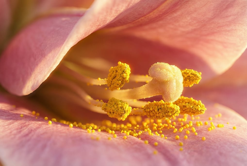 Macro ground-level 3D render of bright yellow pollen grains dusting the stamen of a lily — camera at