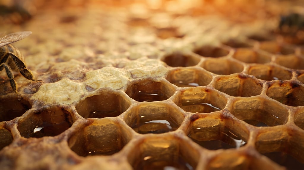 Macro ground-level 3D render of natural beeswax honeycomb texture in warm detail — camera at hive-fr