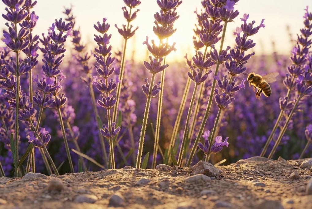 Macro ground-level 3D render of a lavender field seen at stalk level — camera at soil height looking