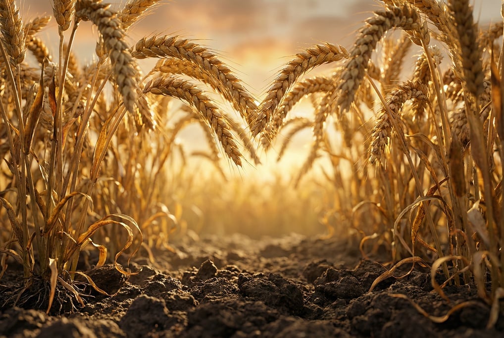 Ground-level 3D render of a golden wheat field at individual stalk level — camera at soil height loo