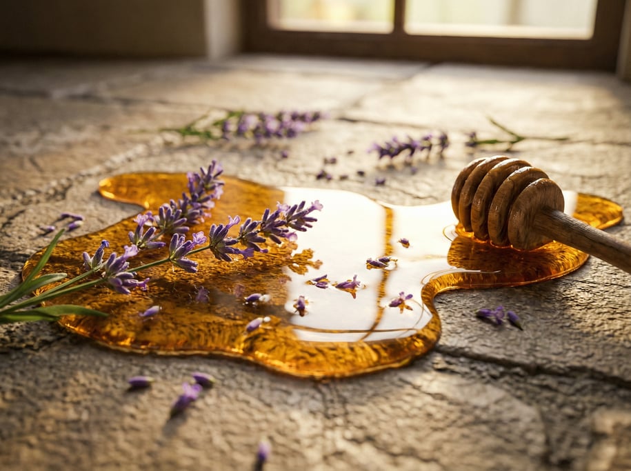 Ground-level 3D render of spilled honey with scattered lavender sprigs on a stone surface — camera a
