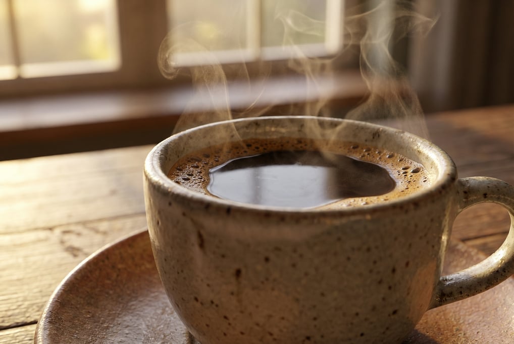 Macro ground-level 3D render of steam rising from a fresh coffee pour into a ceramic cup — camera at