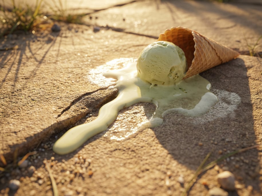 Macro ground-level 3D render of ice cream melting on a warm sandstone step in summer — camera at ste
