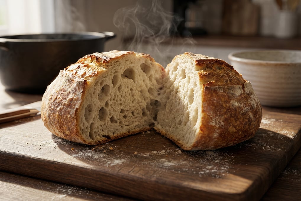 Ground-level 3D render of a fresh sourdough loaf cracked open on a wooden board — camera at board-su