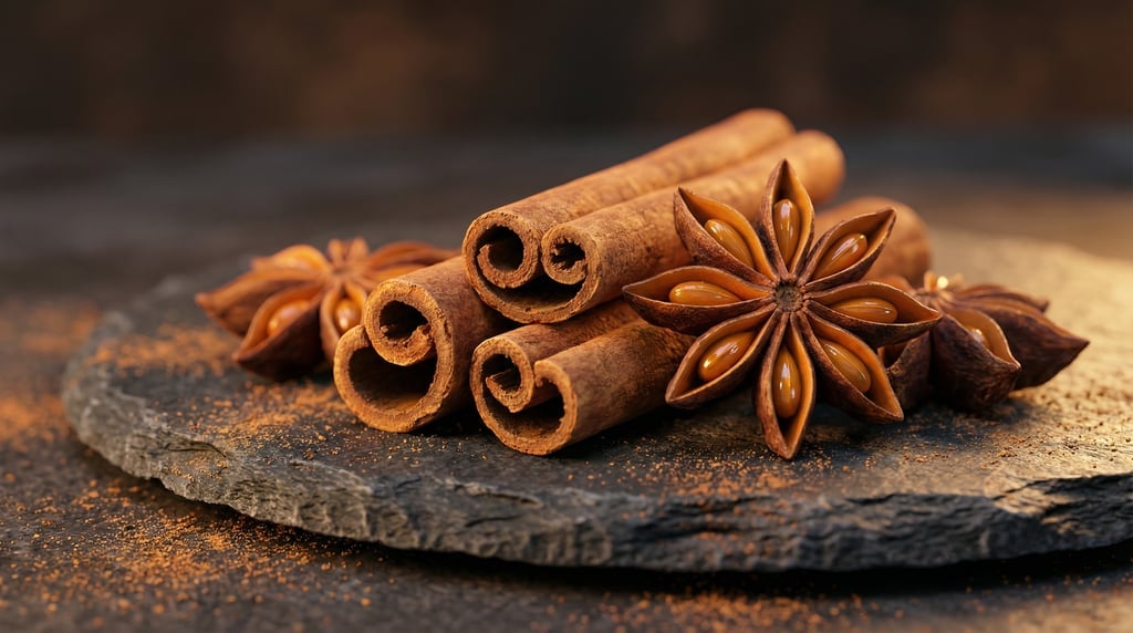 Macro ground-level 3D render of whole cinnamon sticks and star anise arranged on a dark slate surfac
