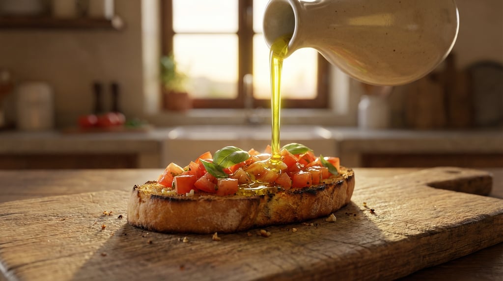 Ground-level 3D render of golden olive oil drizzling onto bruschetta on a rustic board — camera at b