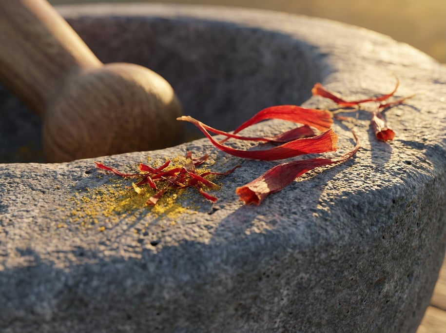 Macro ground-level 3D render of crimson saffron threads resting on a stone mortar surface — camera a