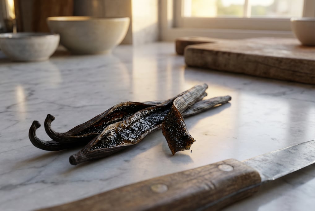 Ground-level 3D render of split vanilla beans revealing their seed cavity on a marble countertop — c