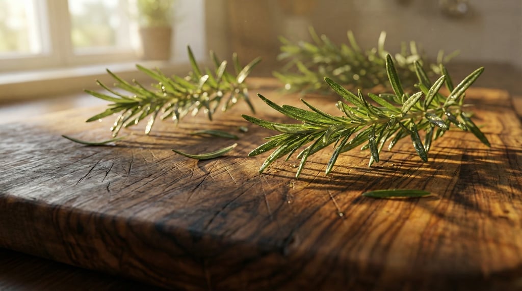 Macro ground-level 3D render of fresh rosemary sprigs scattered on a worn olive-wood cutting board —