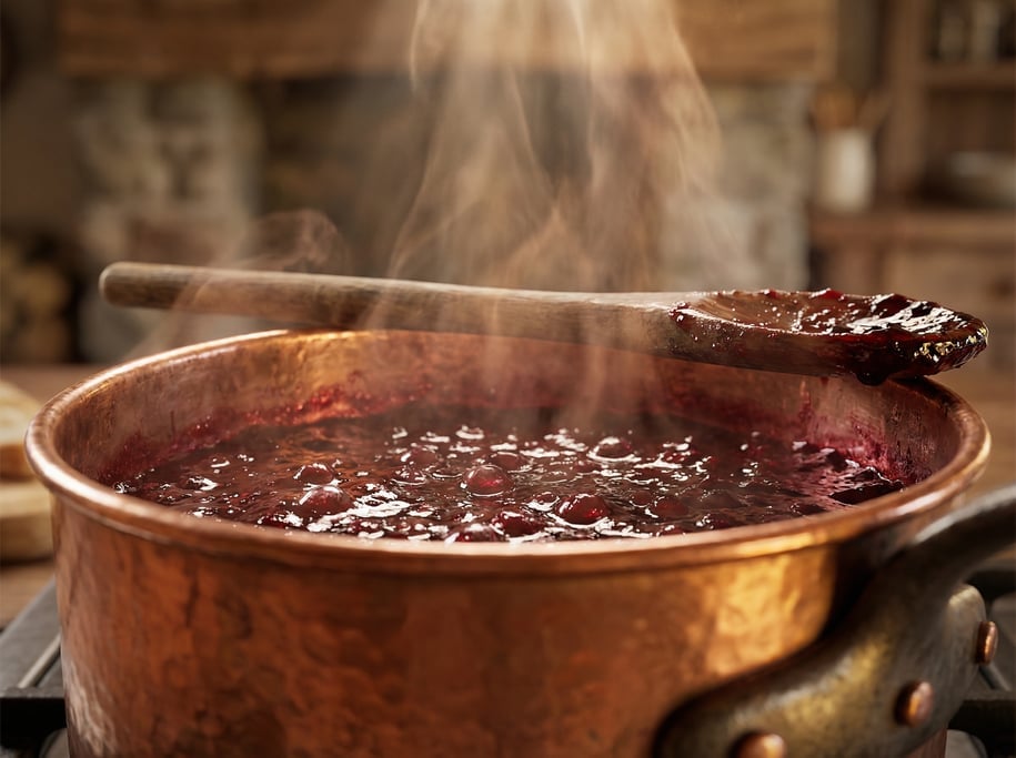 Ground-level 3D render of a copper pot with berry jam simmering inside — camera at stovetop height l