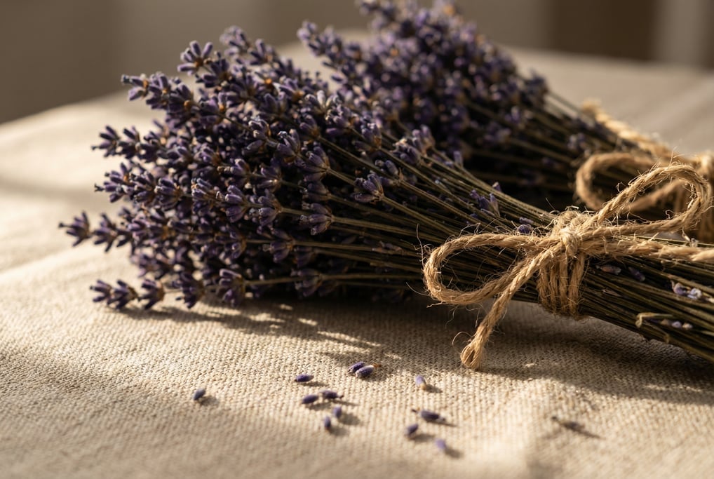 Macro ground-level 3D render of dried lavender bundles tied with rough twine on a linen surface — ca