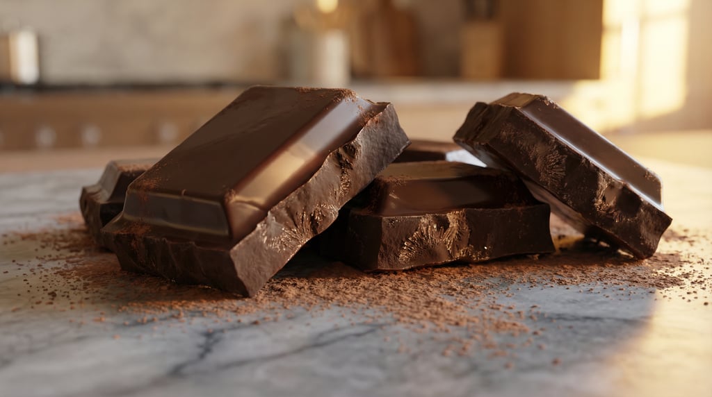 Ground-level 3D render of dark chocolate chunks breaking apart on a marble slab — camera at slab-sur