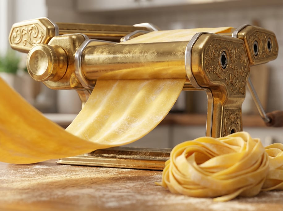 Macro ground-level 3D render of fresh pasta sheets being rolled through a brass machine — camera at