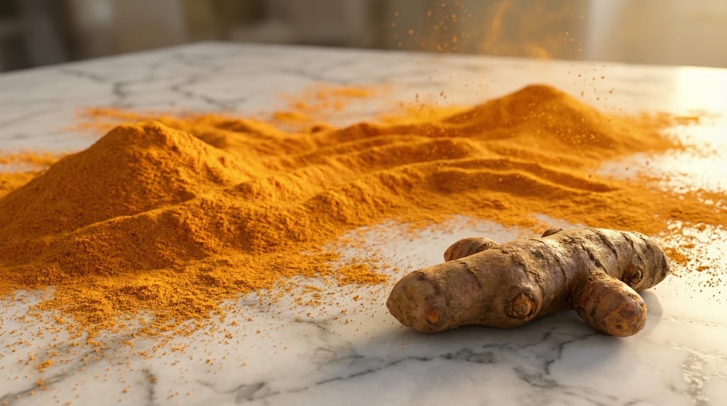 Macro ground-level 3D render of bright orange turmeric powder scattered across white marble — camera