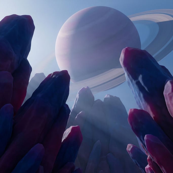 An alien planet surface, unusual crystalline rock formations under a sky with a massive ringed plane (dyjpgspi)