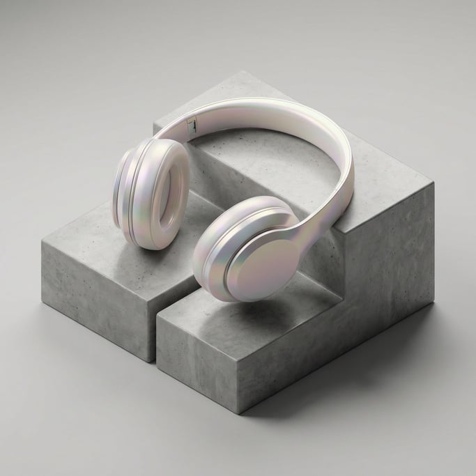 Minimalist headphones resting on a geometric concrete stand, product showcase with precise placement (zlg3cxdn)