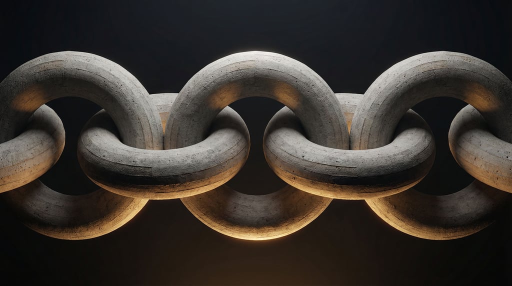 Interlocking torus knots forming a continuous chain, suspended in a void, smooth and sculptural (me8l)