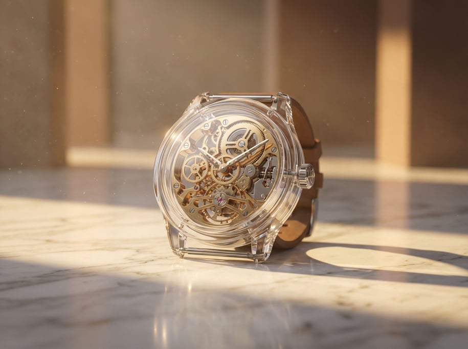 Gears and clockwork mechanism visible through a transparent watch case, intricate brass machinery (4uc1loaq)