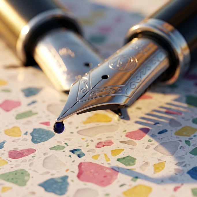 A fountain pen nib at extreme macro scale, a bead of dark ink forming at the tip (ka01le9g)