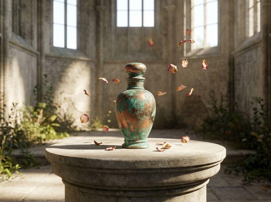 A single perfume bottle on a circular stone pedestal, surrounded by floating dried flower petals (1qpllnjp)